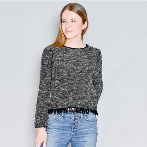 EUC Theory Wool Blend Black Mix Vendla Tweed Fringe Trim Sweater Top S Petite.